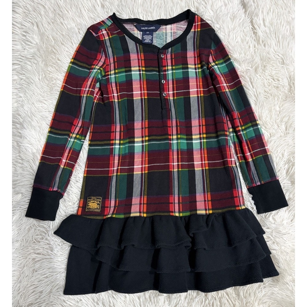 Ralph Lauren Girls Shirt Dress Size 6X Red Blue Plaid Button Long Sleeve Ruffles